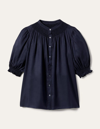 Smocked Silk Blend Blouse-Navy