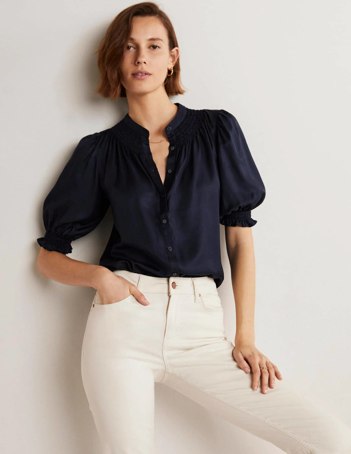 Smocked Silk Blend Blouse-Navy