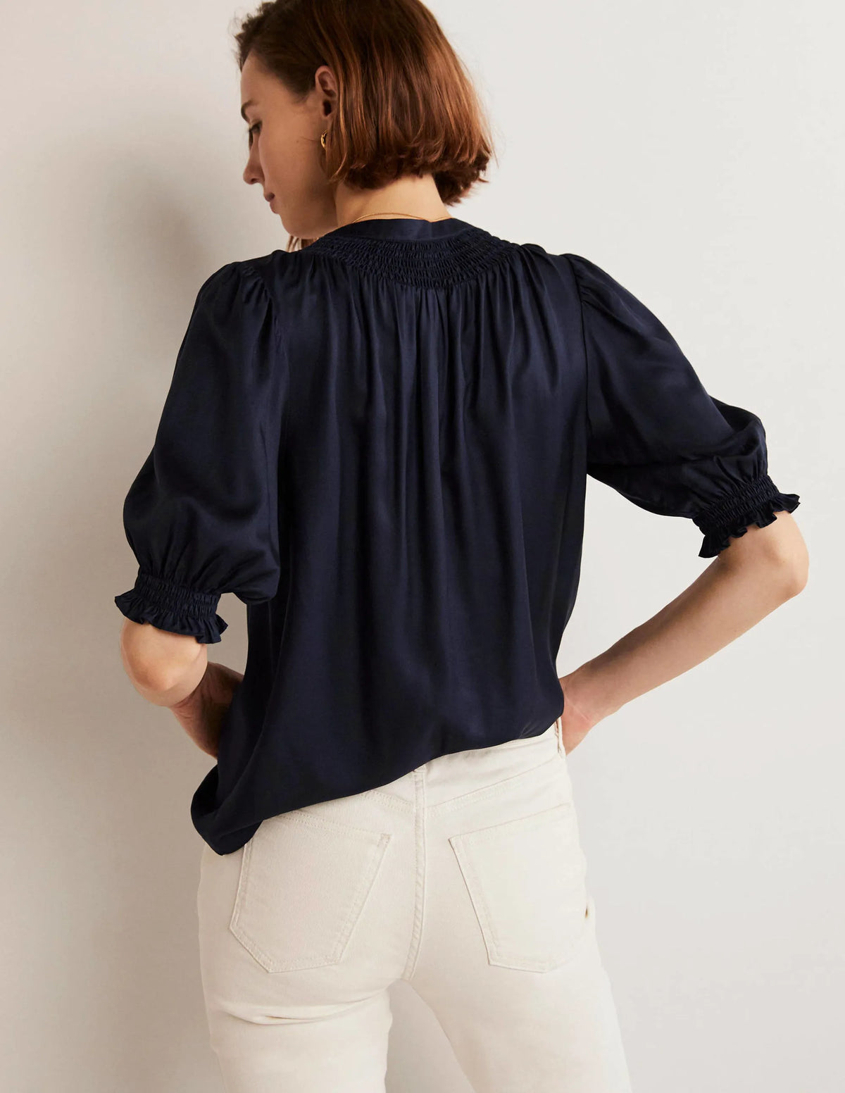 Smocked Silk Blend Blouse-Navy