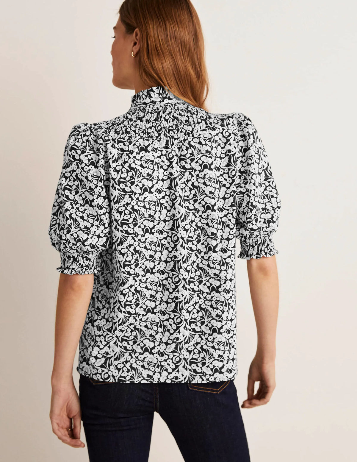 Short Sleeve Smocked Shirt-Black, Floret Bud