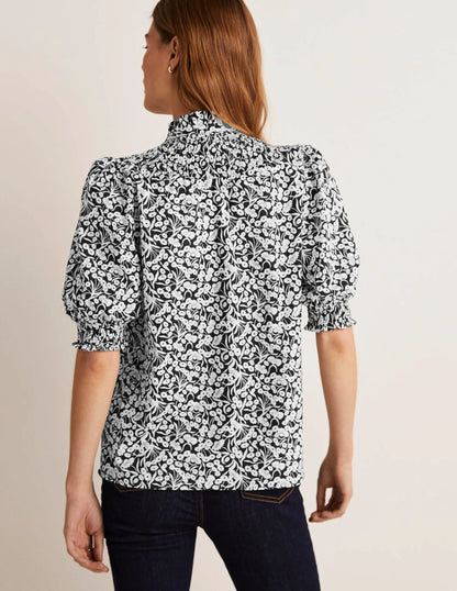 Short Sleeve Smocked Shirt-Black, Floret Bud