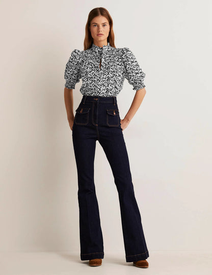Short Sleeve Smocked Shirt-Black, Floret Bud