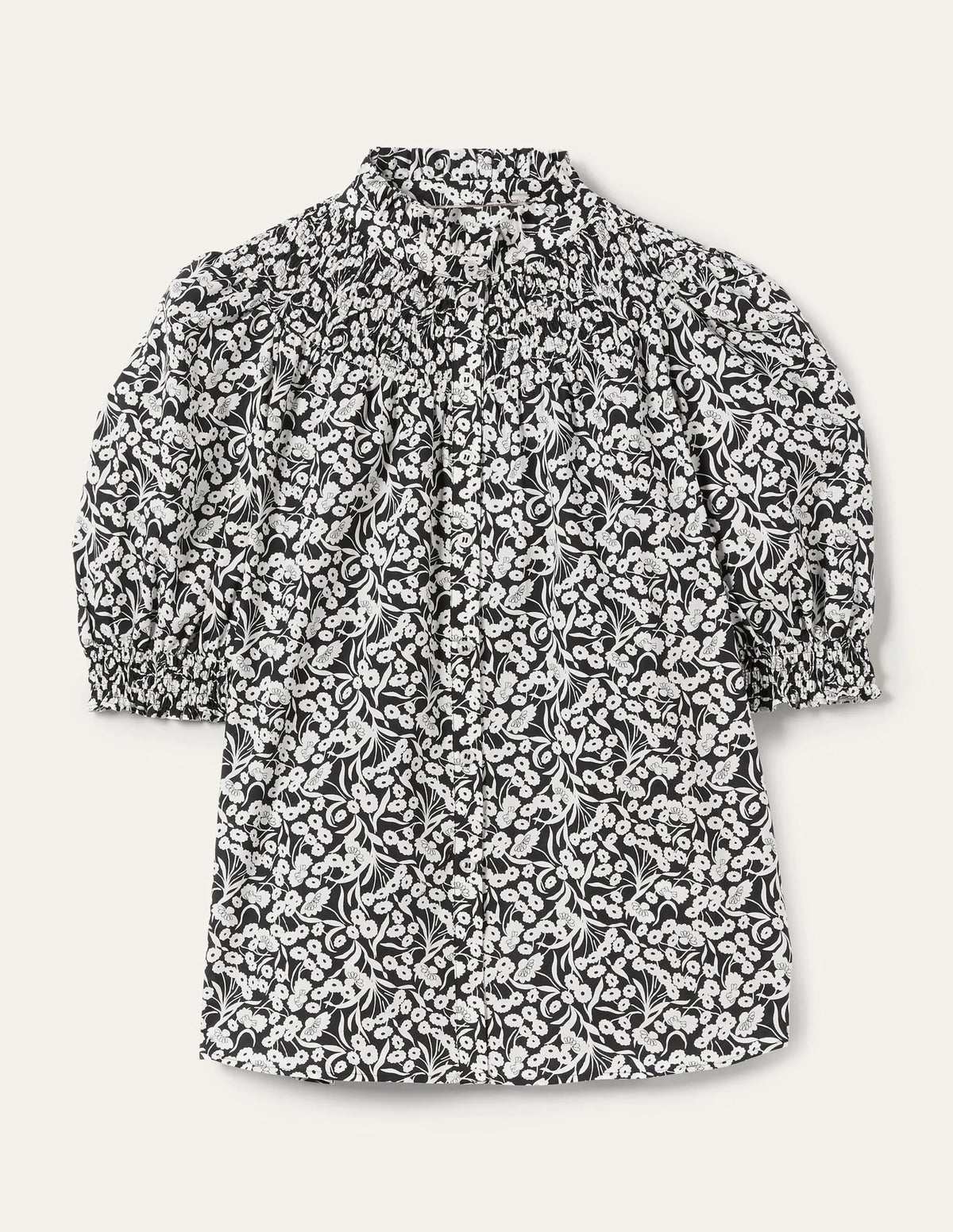 Short Sleeve Smocked Shirt-Black, Floret Bud
