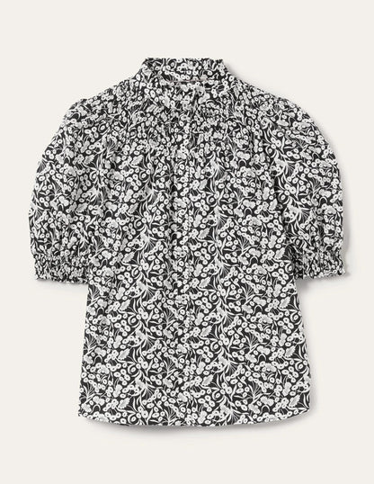 Short Sleeve Smocked Shirt-Black, Floret Bud