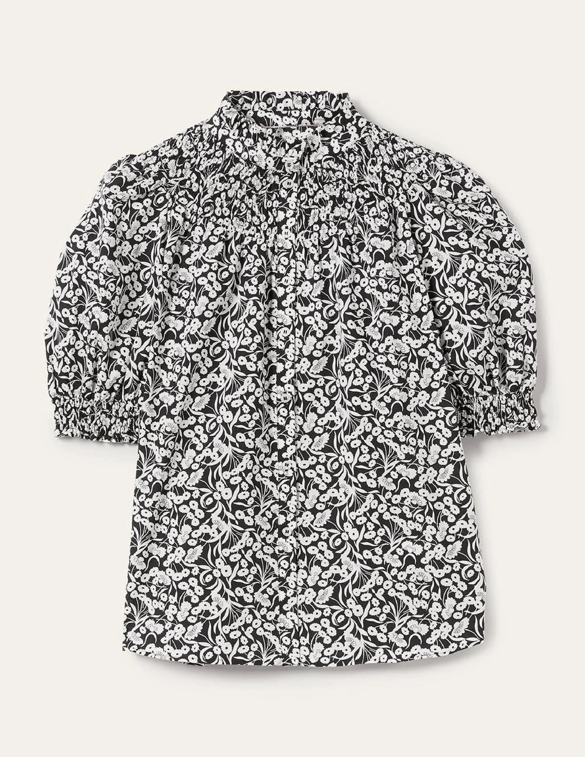 Short Sleeve Smocked Shirt-Black, Floret Bud