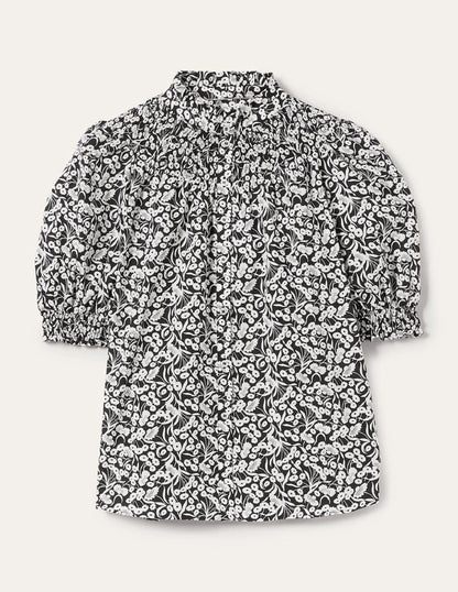 Short Sleeve Smocked Shirt-Black, Floret Bud
