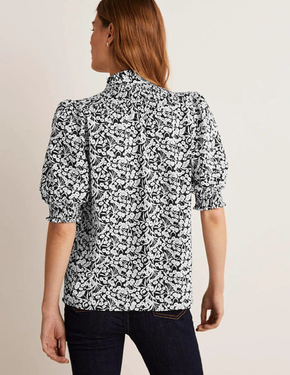 Short Sleeve Smocked Shirt-Black, Floret Bud