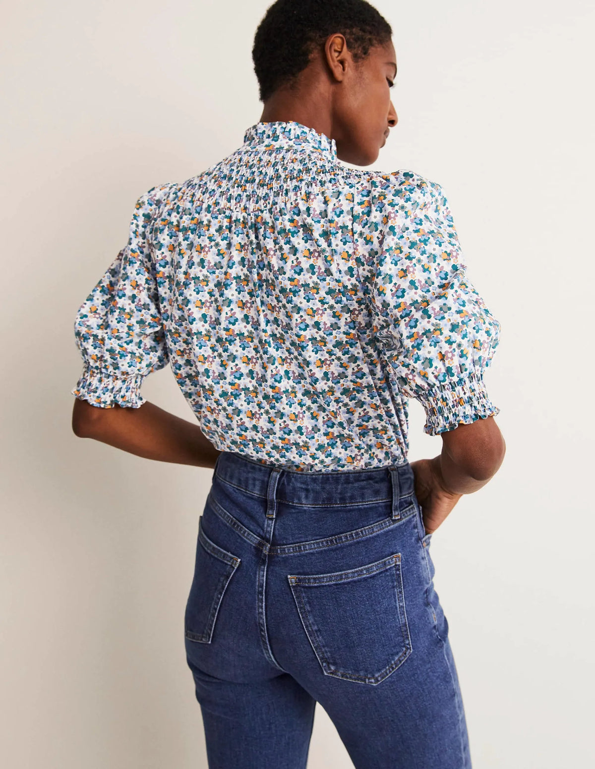 Short Sleeve Smocked Shirt-Blue, Abstract Cluster