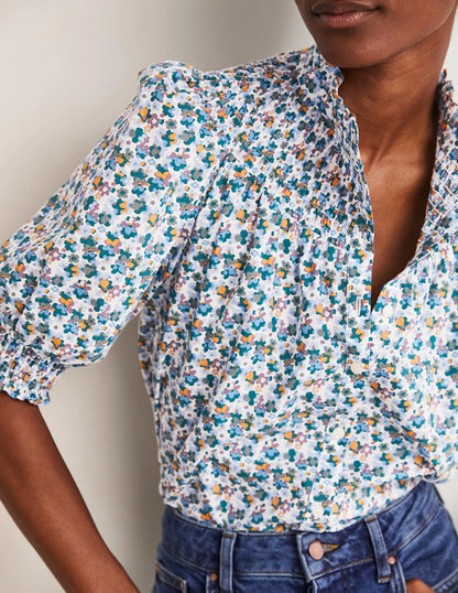 Short Sleeve Smocked Shirt-Blue, Abstract Cluster