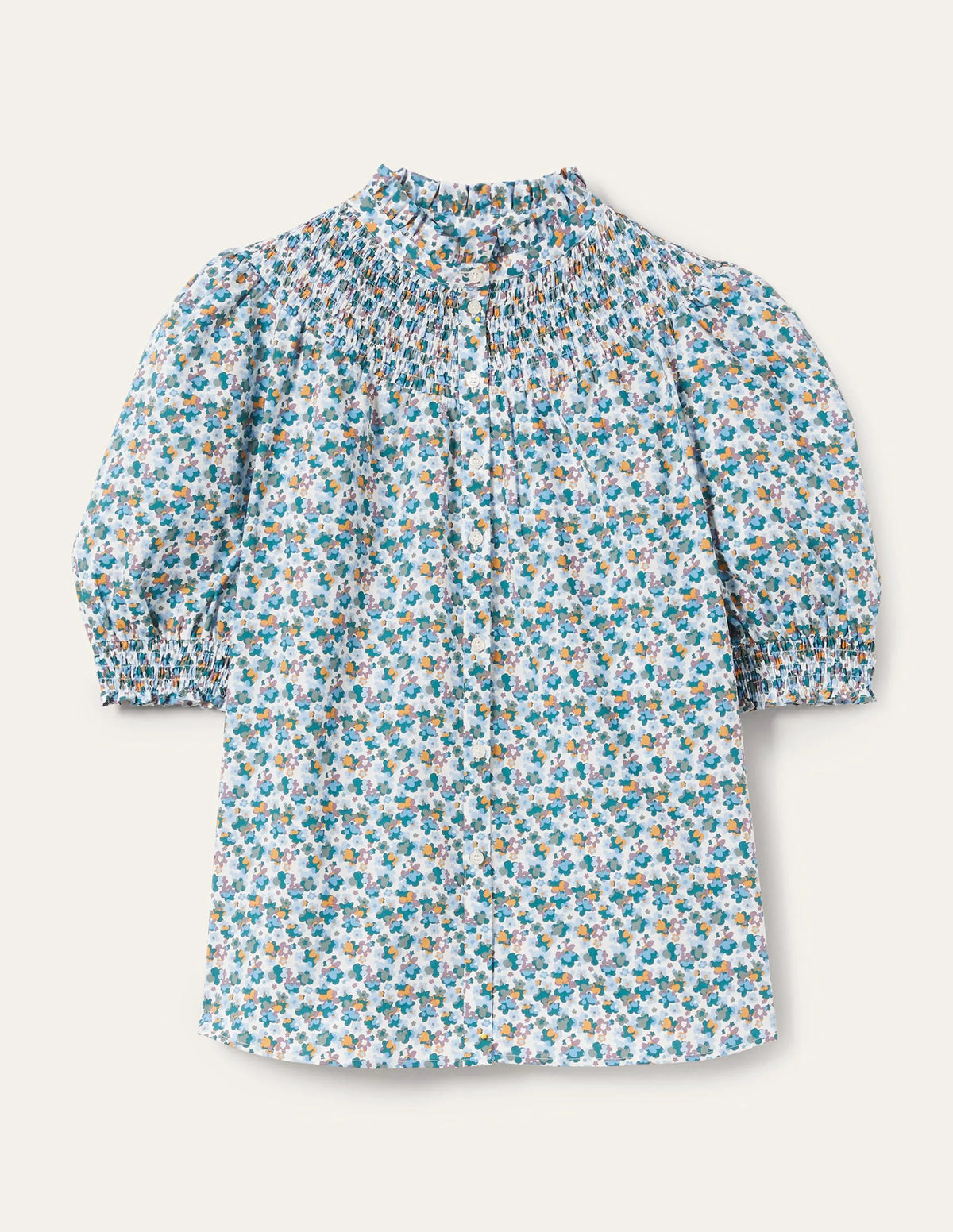 Short Sleeve Smocked Shirt-Blue, Abstract Cluster