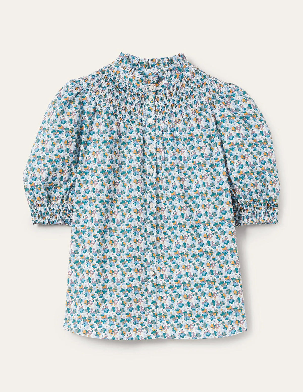 Short Sleeve Smocked Shirt-Blue, Abstract Cluster