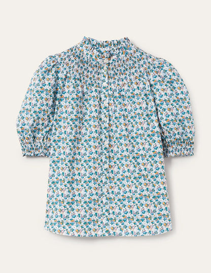 Short Sleeve Smocked Shirt-Blue, Abstract Cluster