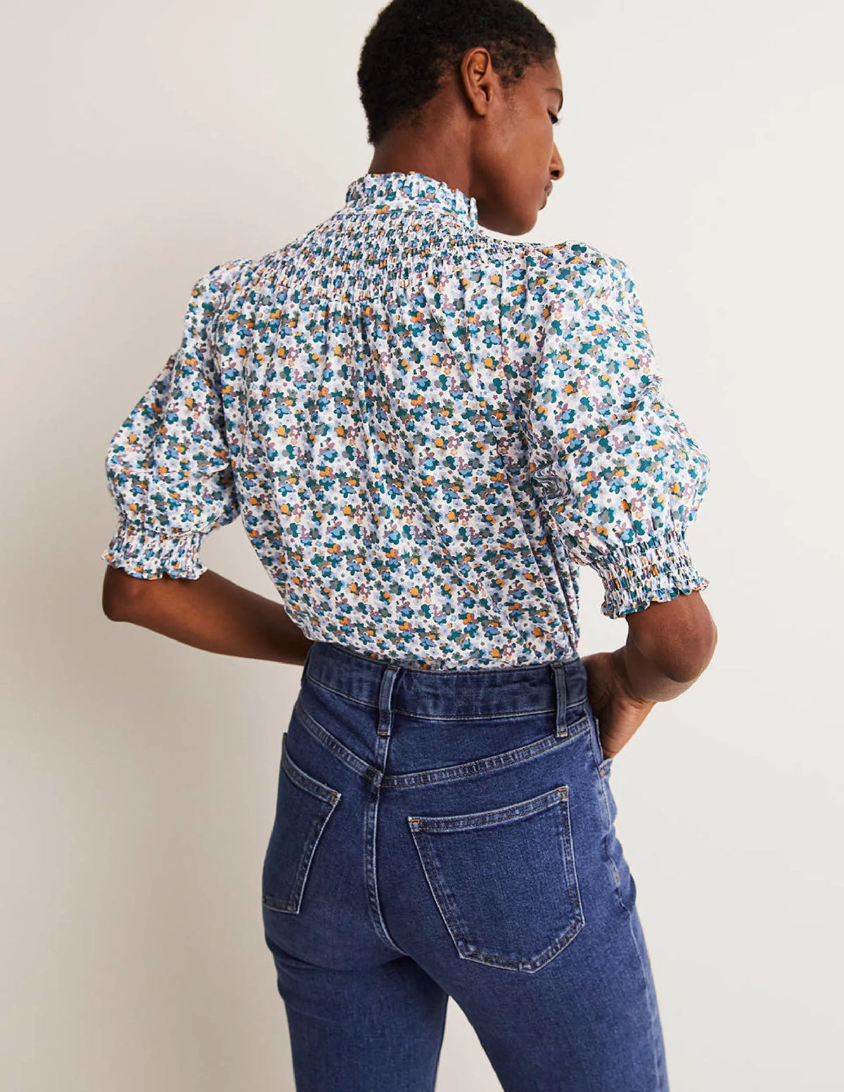 Short Sleeve Smocked Shirt-Blue, Abstract Cluster
