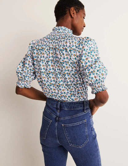 Short Sleeve Smocked Shirt-Blue, Abstract Cluster