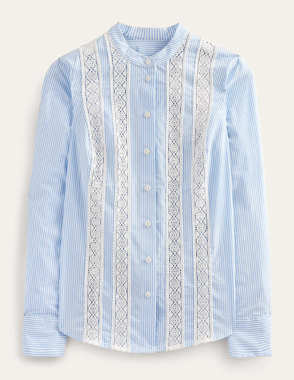 Lace-Panelled Poplin Shirt-Cornflower Fine Ticking Stripe