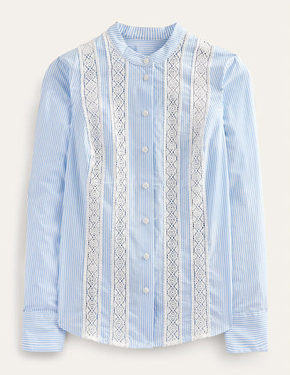 Lace-Panelled Poplin Shirt-Cornflower Fine Ticking Stripe