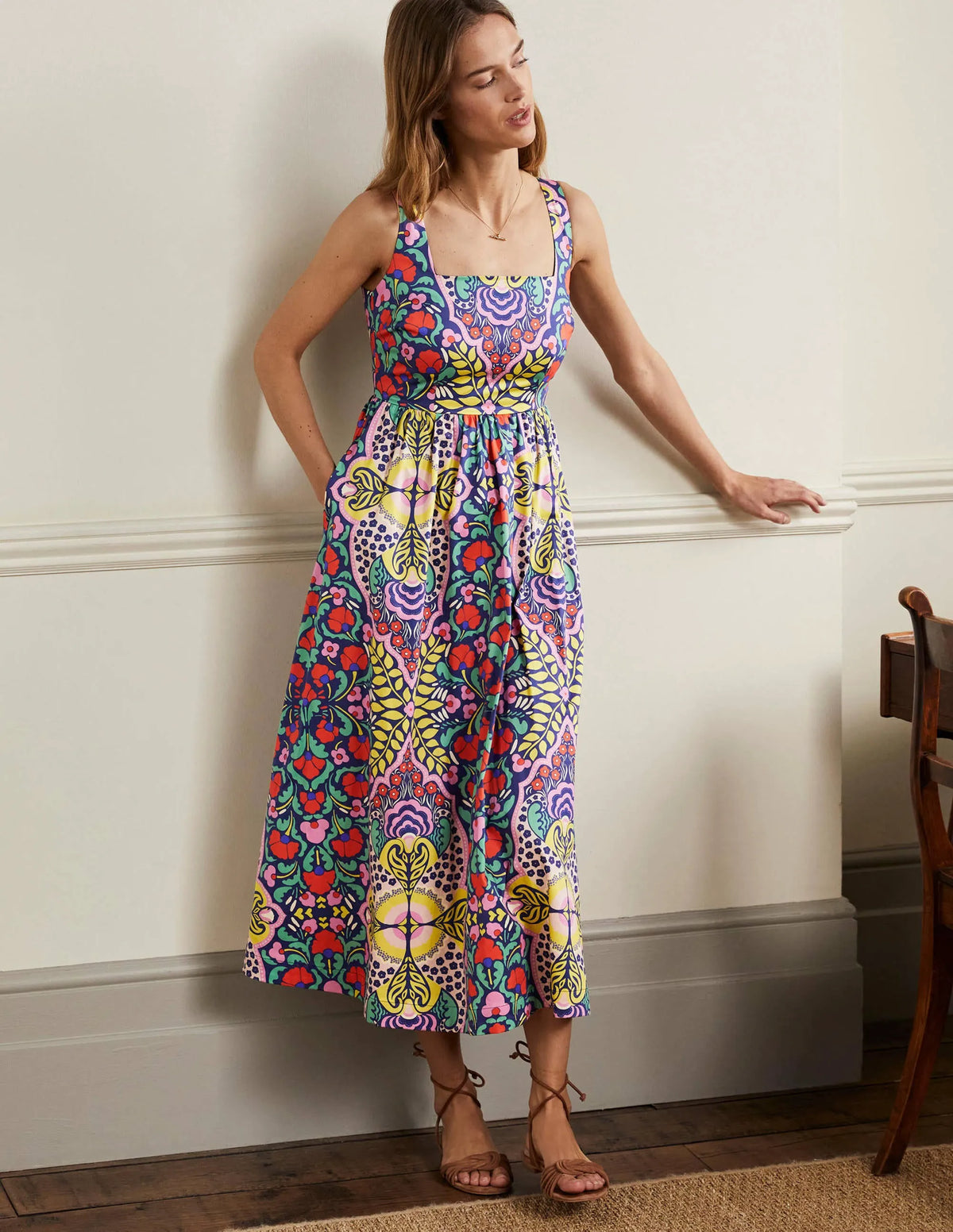 Violet Square Neck Midi Dress-Navy, Passion Bloom