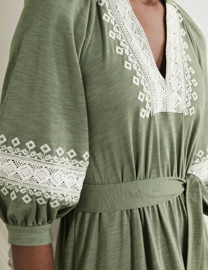 Crochet Trim Jersey Midi Dress-Alder