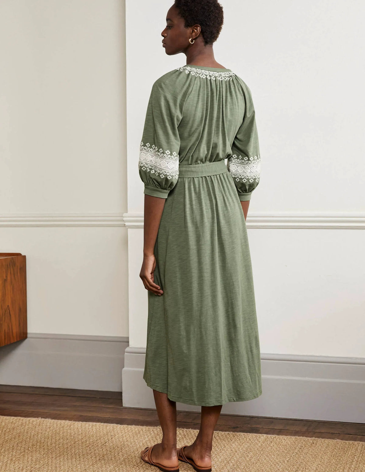 Crochet Trim Jersey Midi Dress-Alder