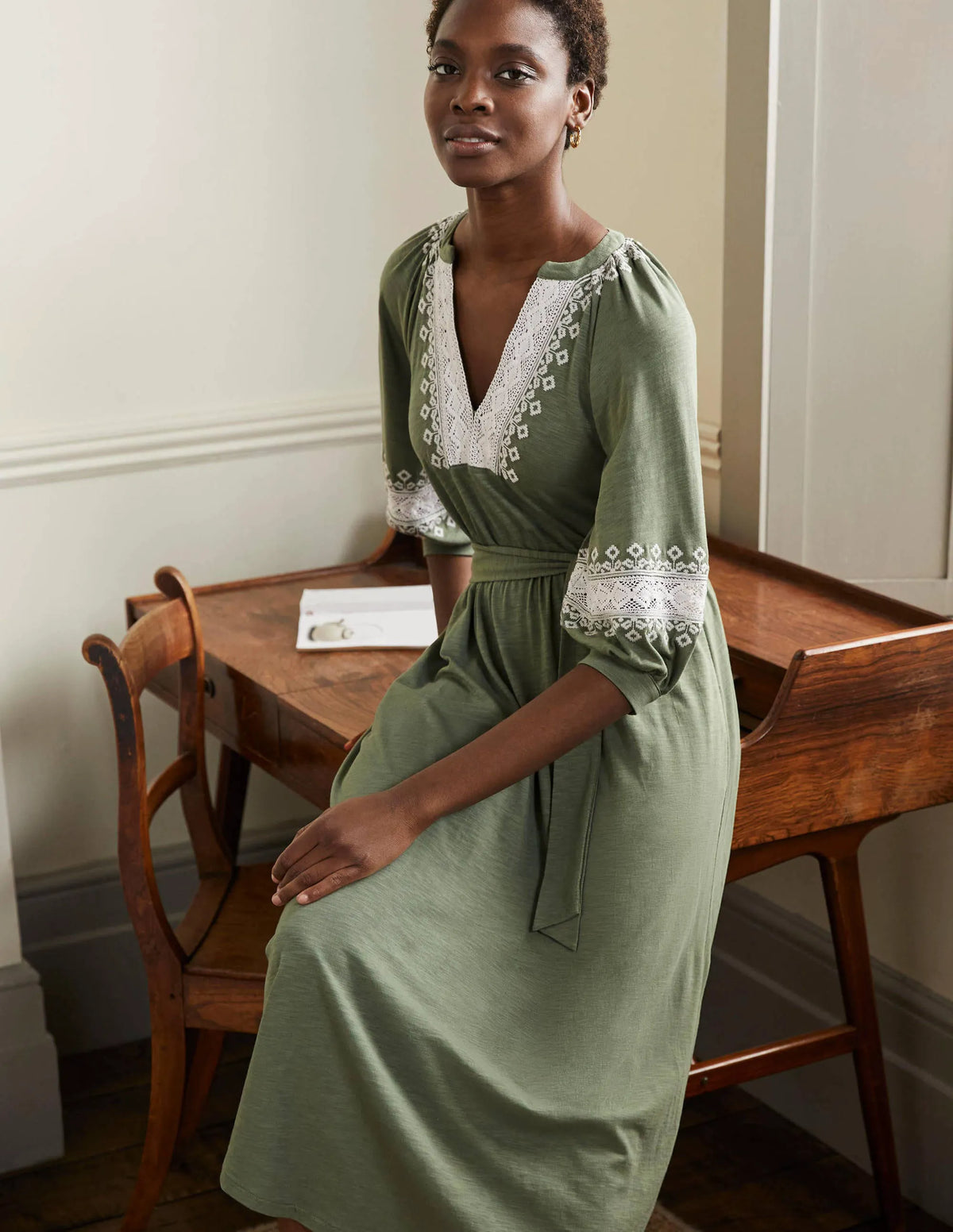 Crochet Trim Jersey Midi Dress-Alder