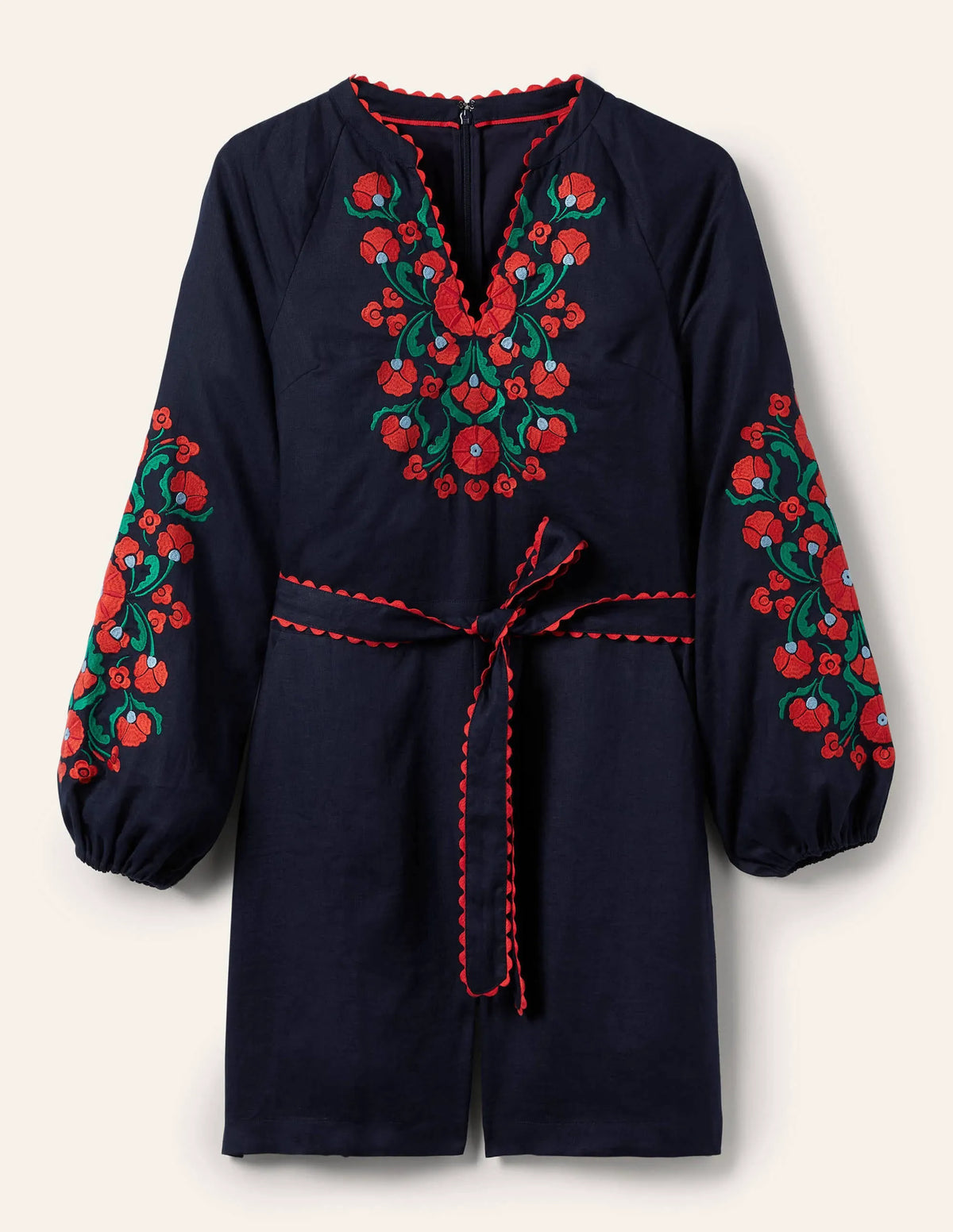 Embroidered Linen Playsuit-Navy, Passion Bloom
