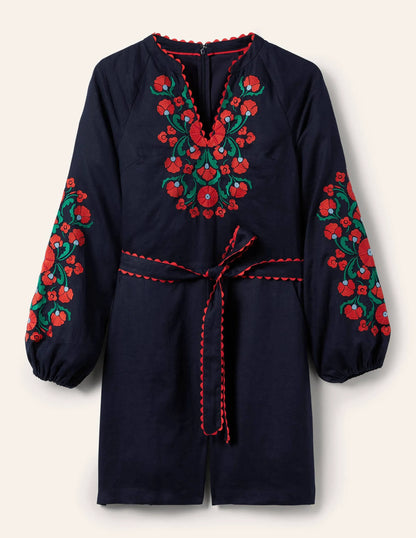 Embroidered Linen Playsuit-Navy, Passion Bloom