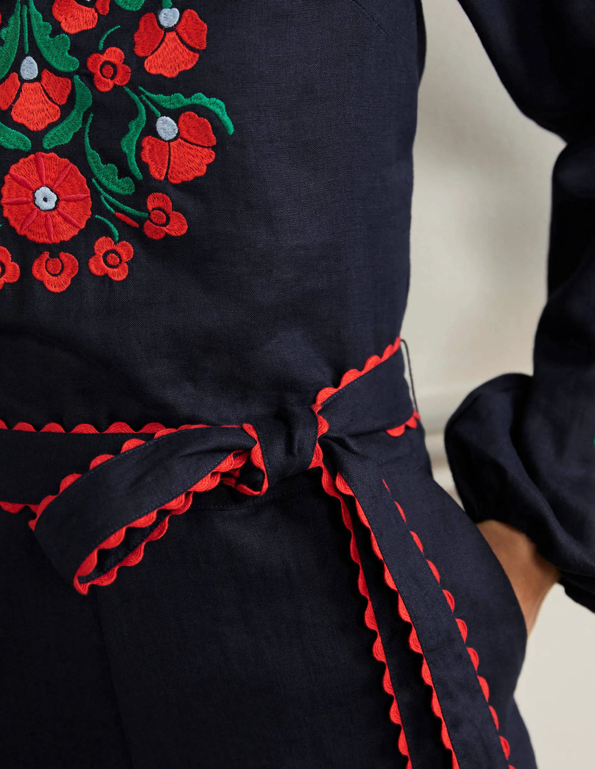 Embroidered Linen Playsuit-Navy, Passion Bloom