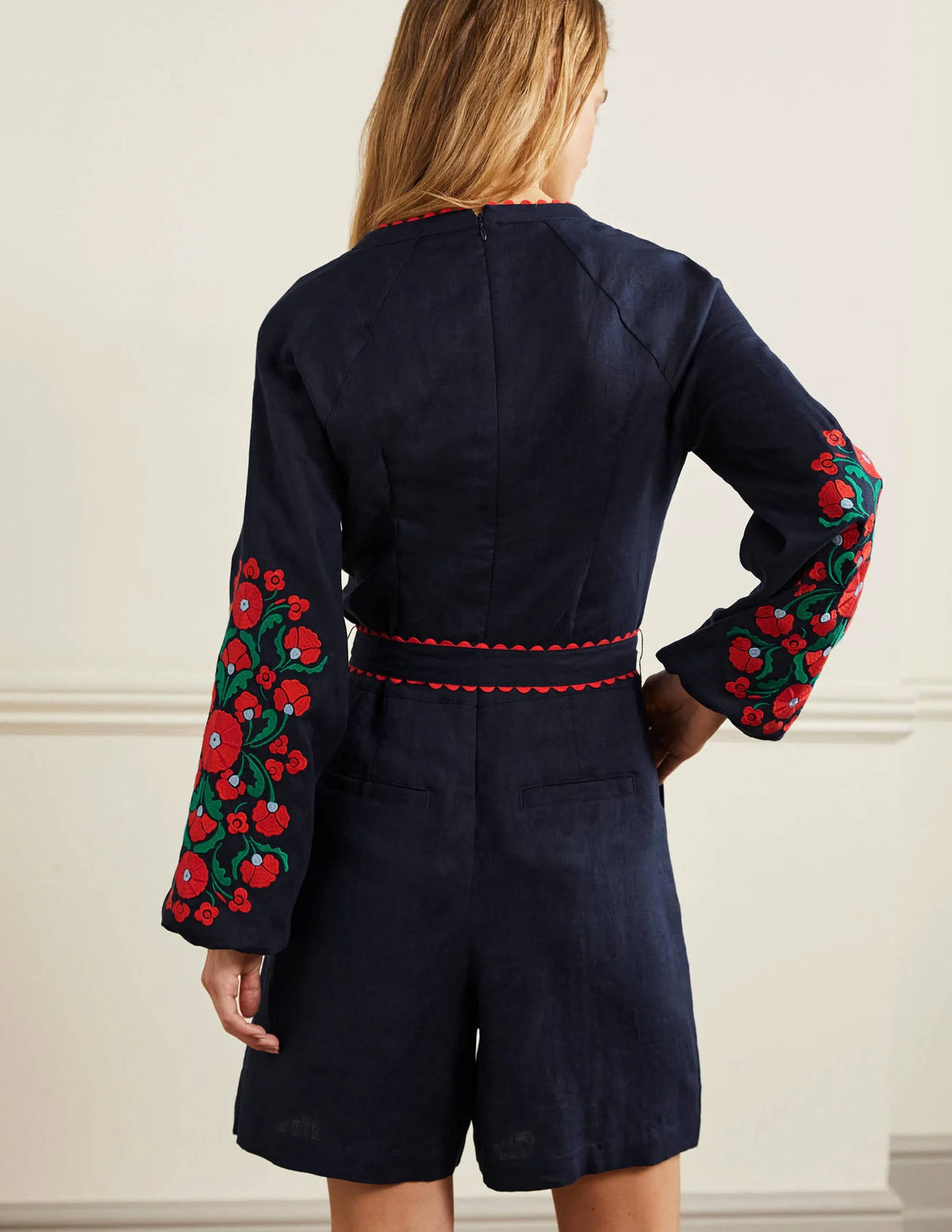 Embroidered Linen Playsuit-Navy, Passion Bloom