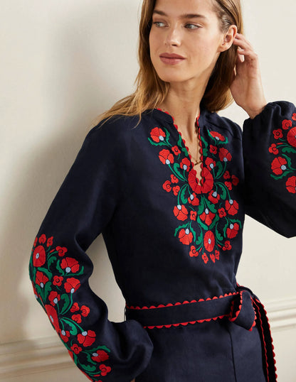 Embroidered Linen Playsuit-Navy, Passion Bloom