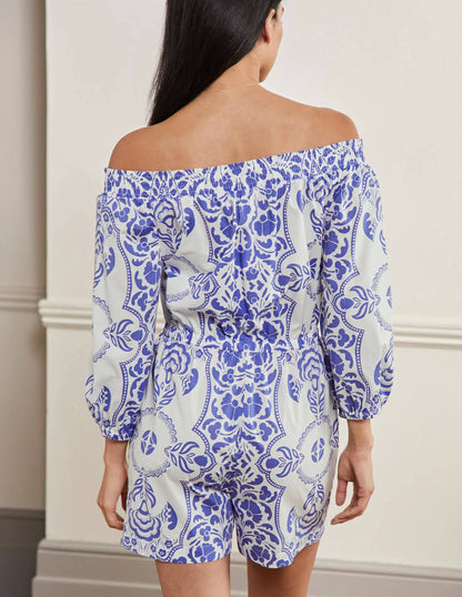 Off Shoulder Romper-Bluebell, Passion Bloom