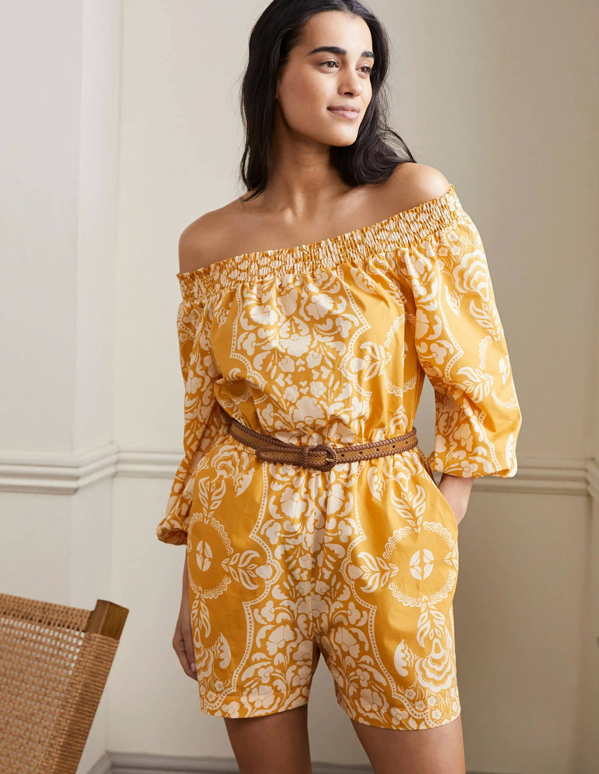 Off Shoulder Romper-Butter, Passion Bloom