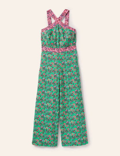 Cross Over Linen Jumpsuit-Green Lagoon, Oriental Meadow