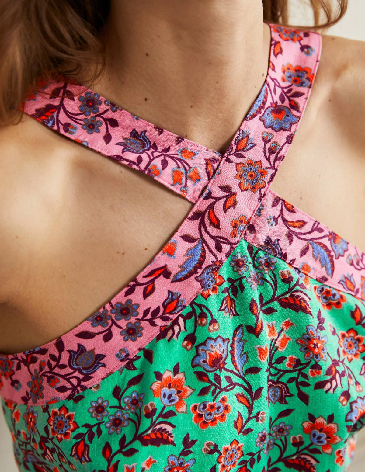 Cross Over Linen Jumpsuit-Green Lagoon, Oriental Meadow