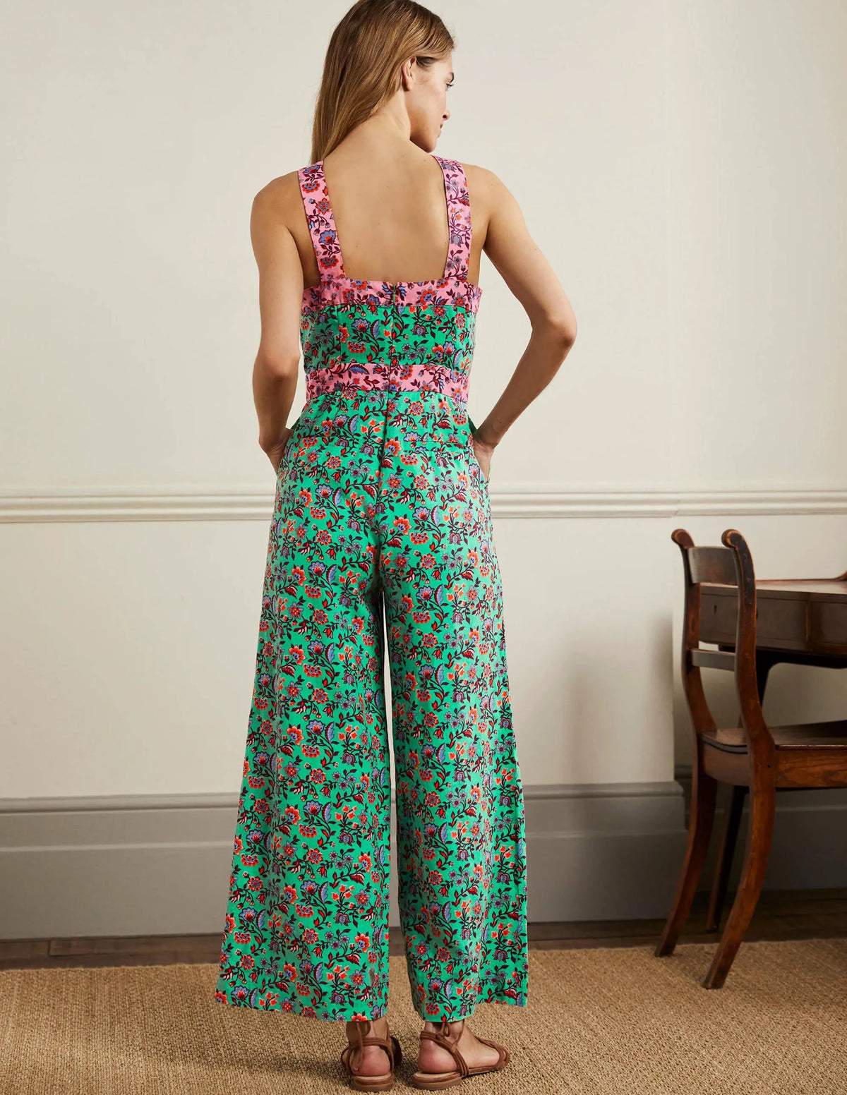 Cross Over Linen Jumpsuit-Green Lagoon, Oriental Meadow