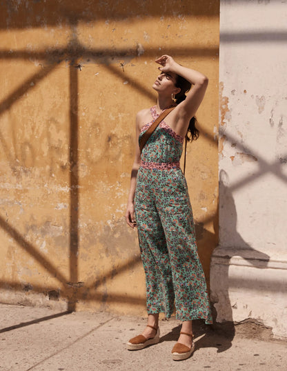 Cross Over Linen Jumpsuit-Green Lagoon, Oriental Meadow