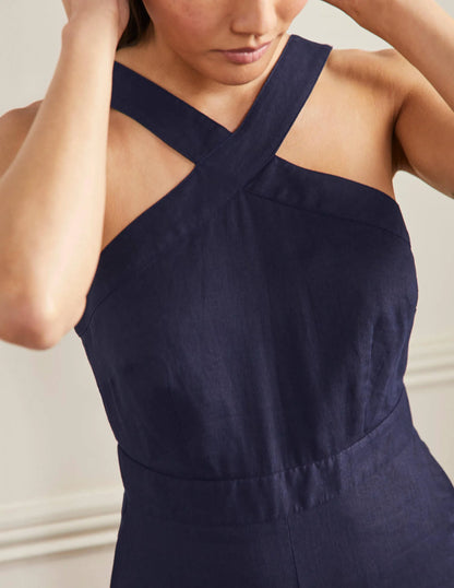 Cross Over Linen Jumpsuit-Navy