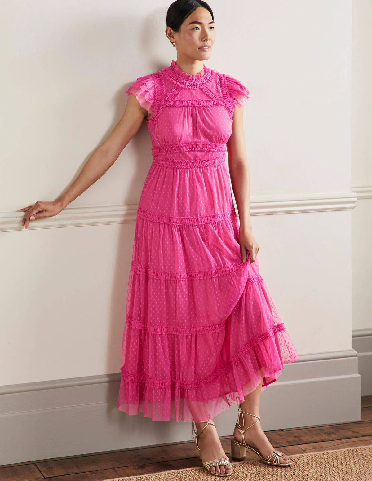 Edie Tiered Tulle Midi Dress-Party Pink