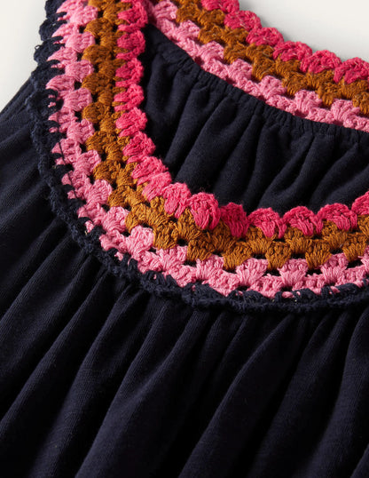 Crochet Detail Jersey Dress-Navy