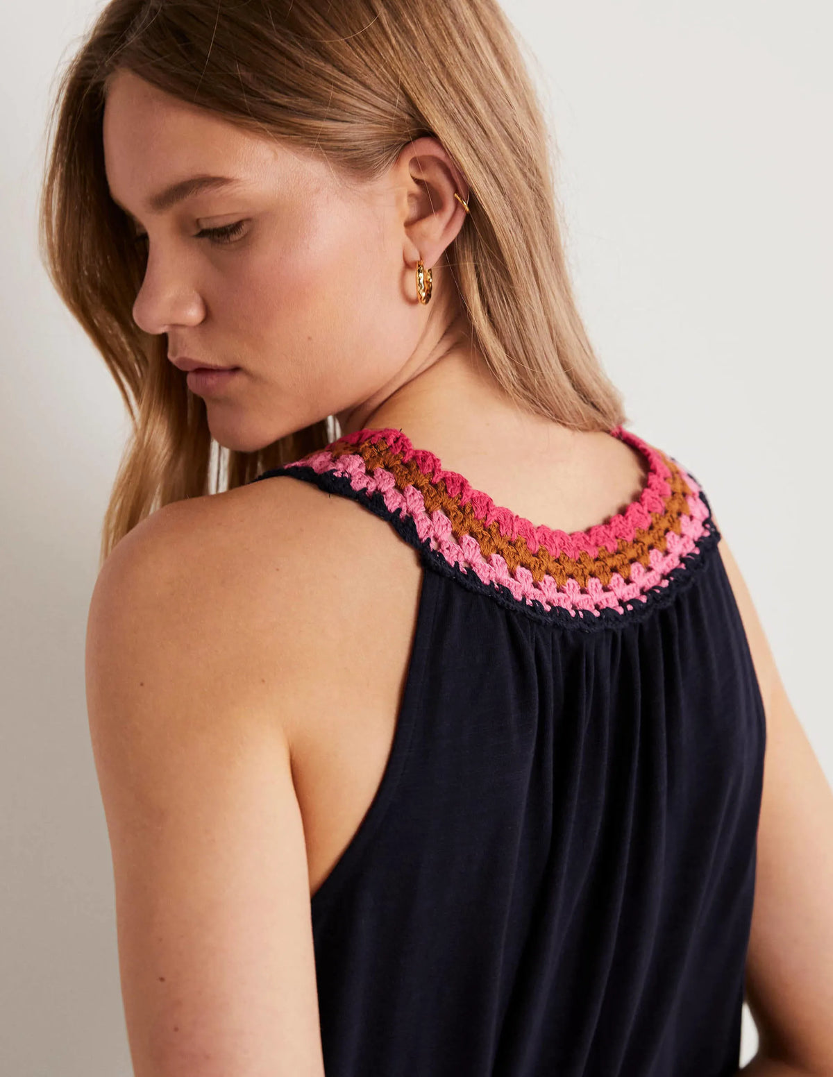 Crochet Detail Jersey Dress-Navy