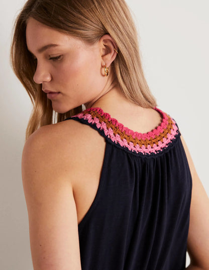 Crochet Detail Jersey Dress-Navy