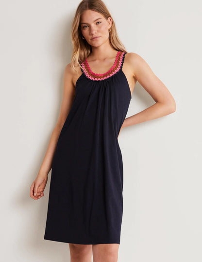 Crochet Detail Jersey Dress-Navy