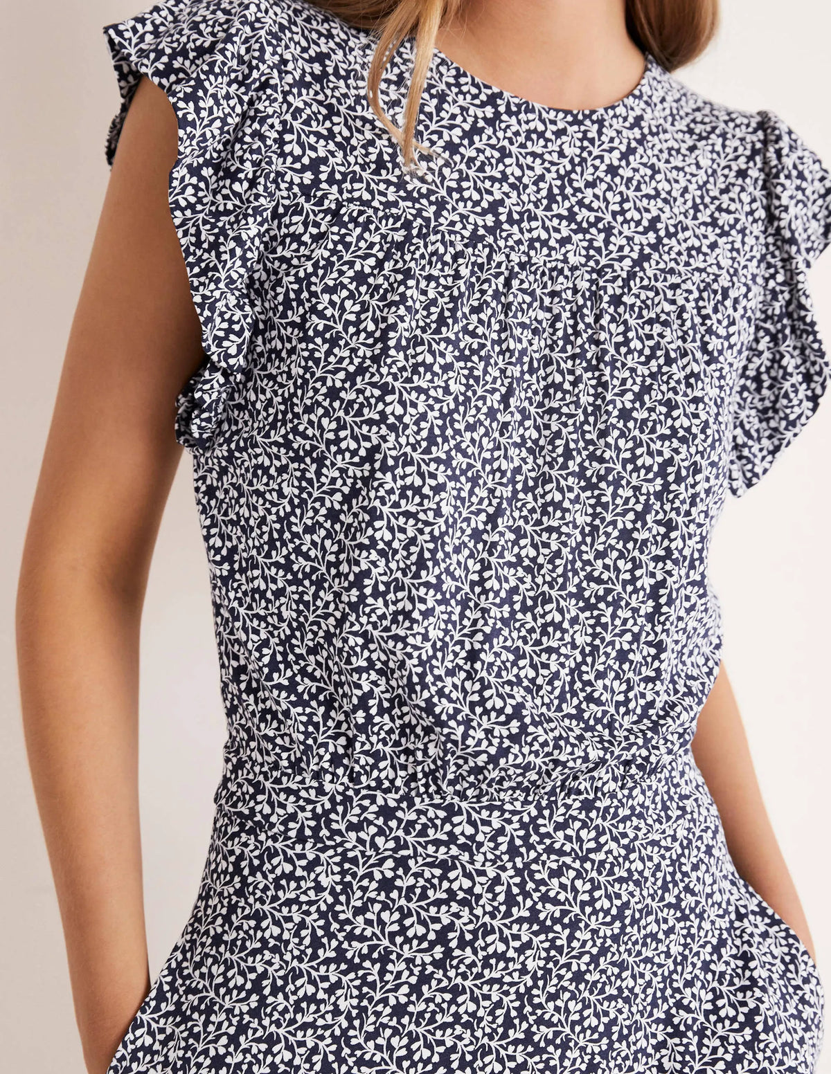 Ruffle Printed Mini Dress-Navy, Pome Leaf