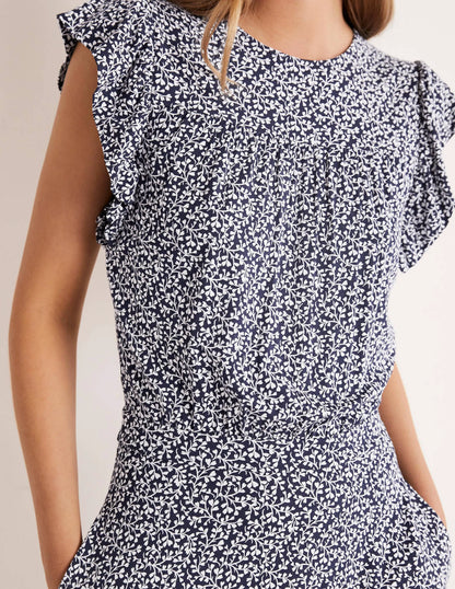 Ruffle Printed Mini Dress-Navy, Pome Leaf