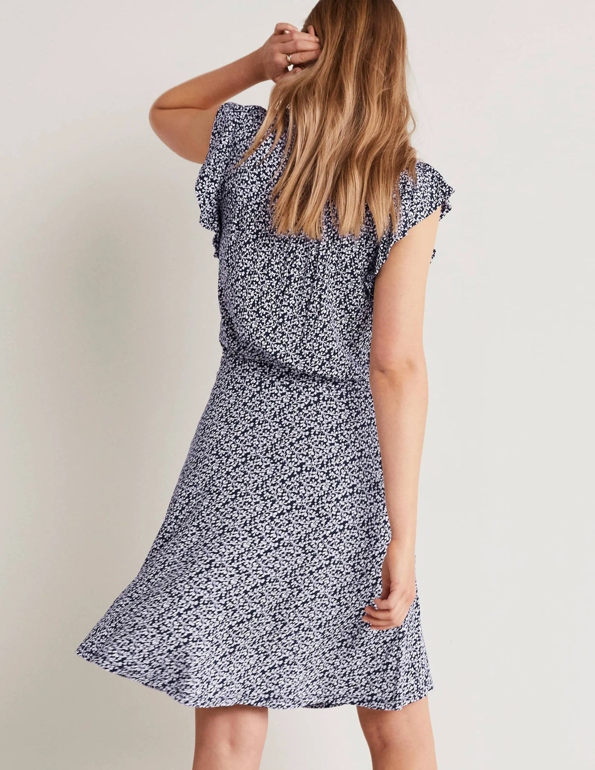 Ruffle Printed Mini Dress-Navy, Pome Leaf