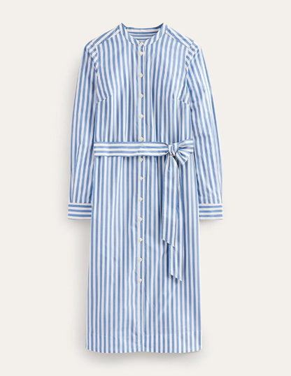 Cotton Belted Shirt Dress-Sapphire and Ivory Stripe