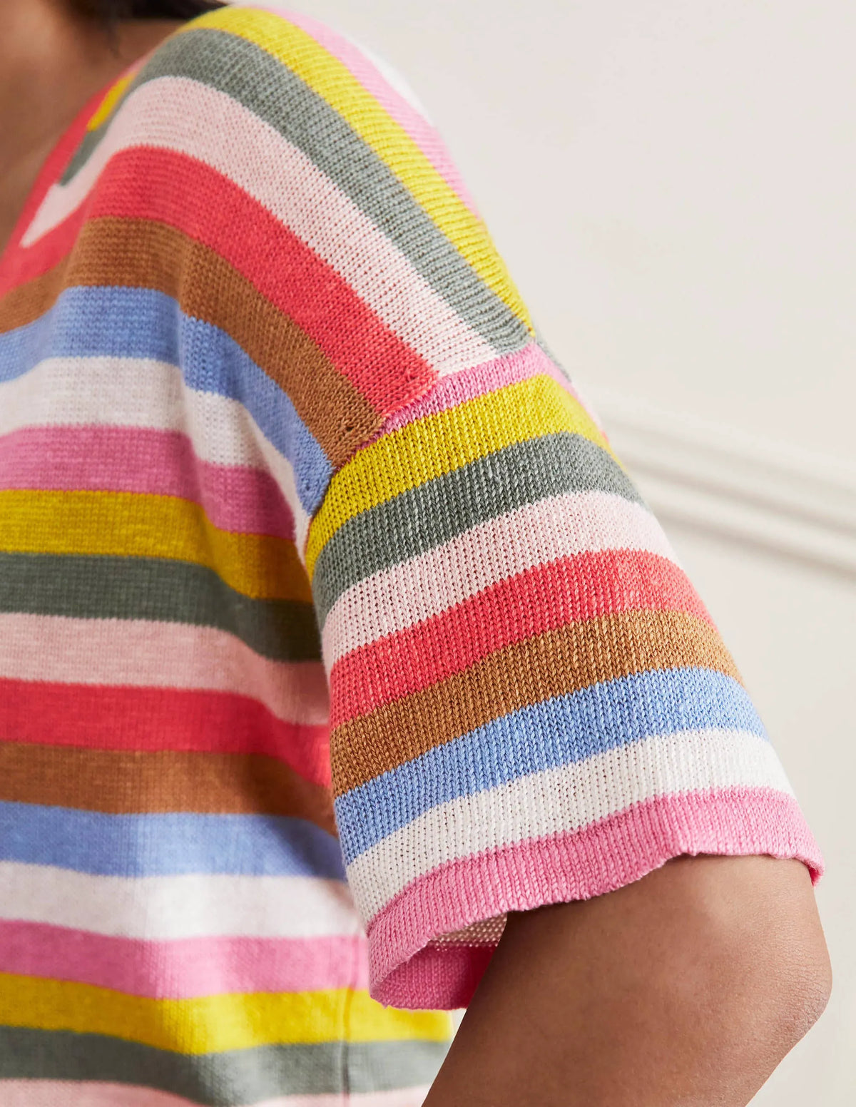 Linen Knitted T-shirt-Hot Coral Rainbow
