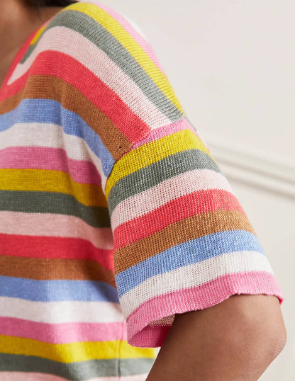 Linen Knitted T-shirt-Hot Coral Rainbow