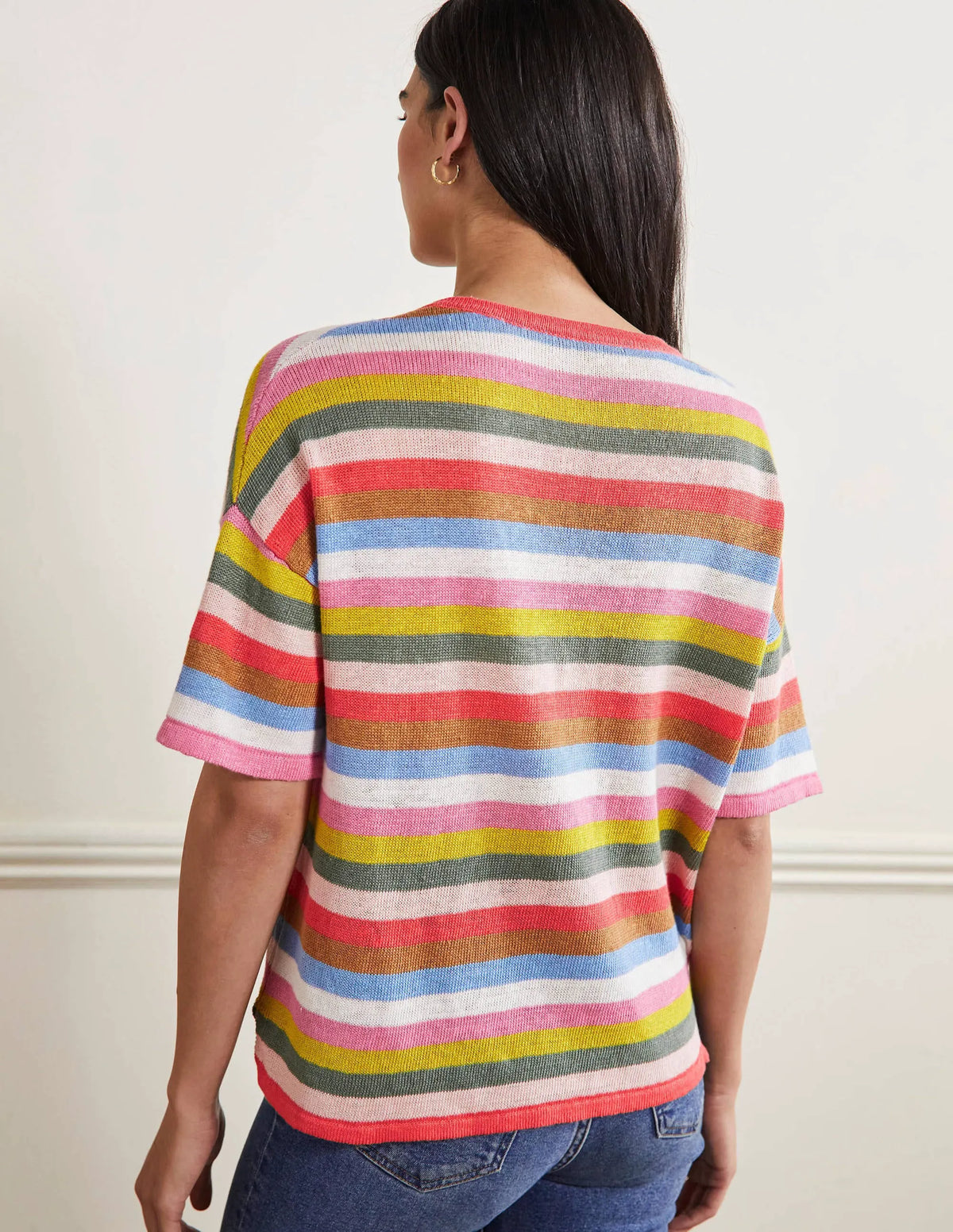 Linen Knitted T-shirt-Hot Coral Rainbow