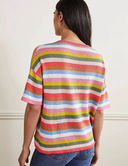 Linen Knitted T-shirt-Hot Coral Rainbow