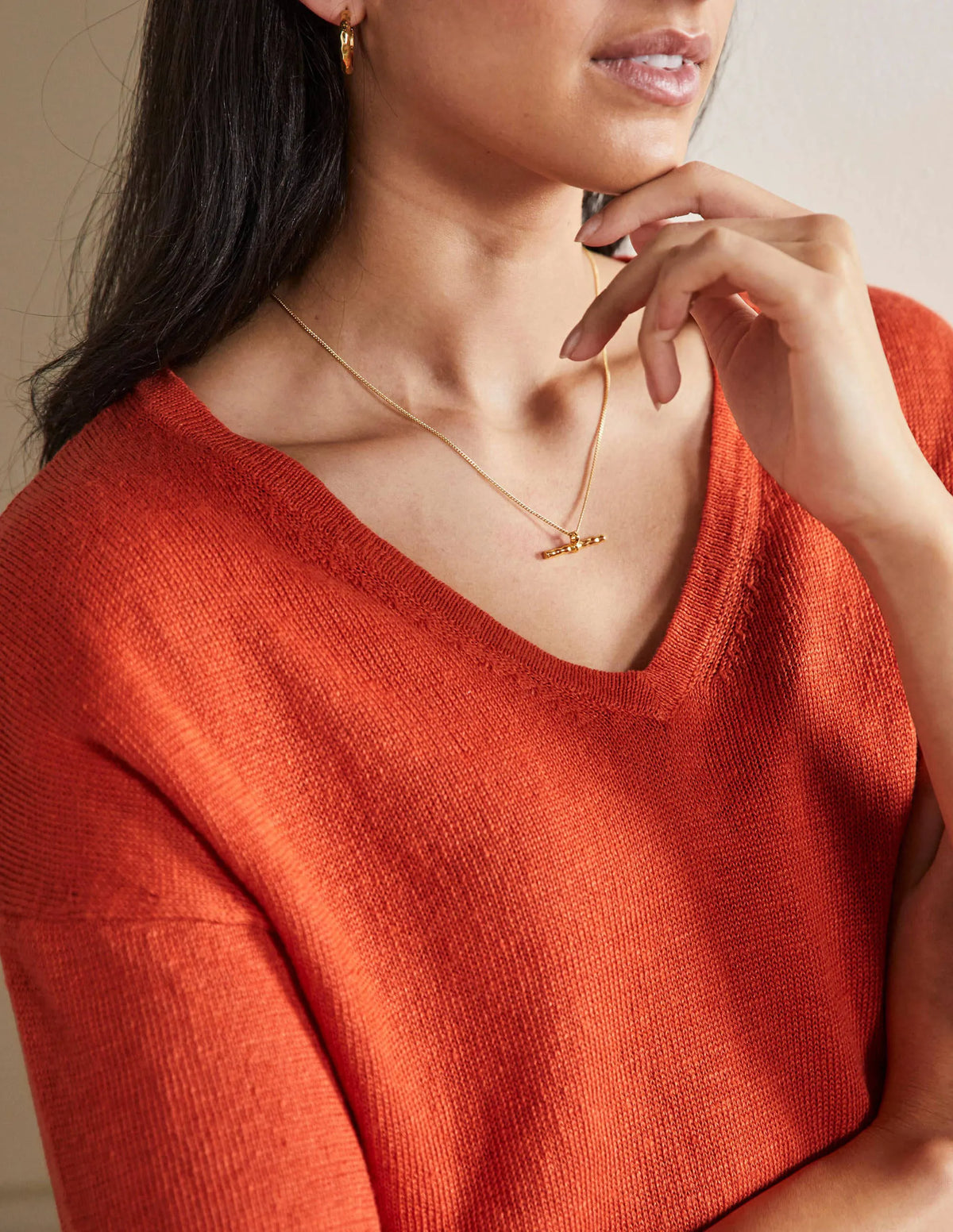 Linen Knitted T-shirt-Bright Papaya